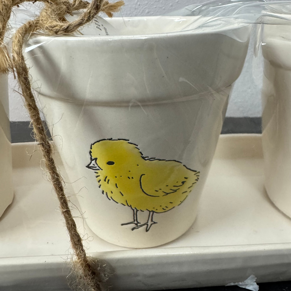 Rae Dunn Planter Set of Three Plant Pots on Tray Cream w/ Easter & Chick Retired - Picture 7 of 13